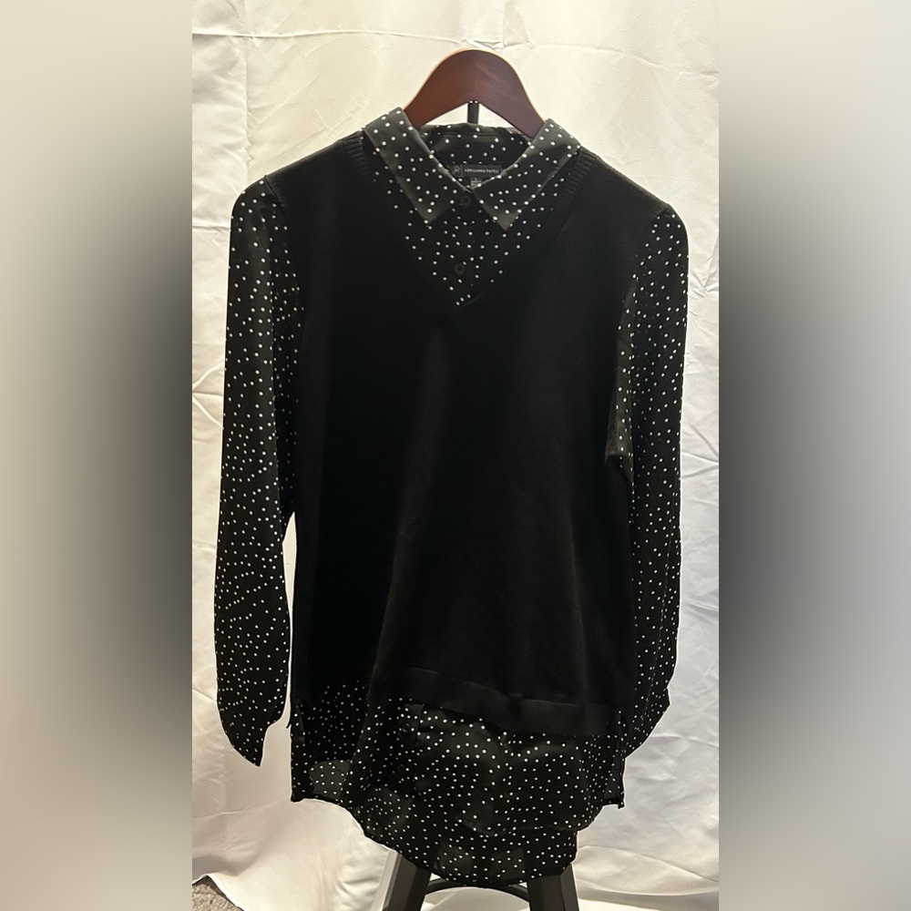 Adrianna Papell black with white polka dots fooler sweater, size L